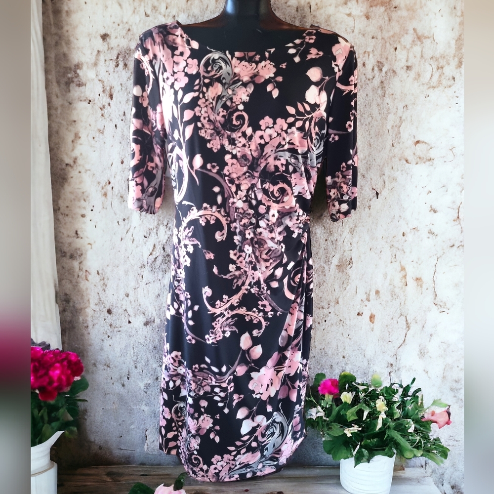 Connected Apparel Floral Print Gathered-Waist Sheath Dress